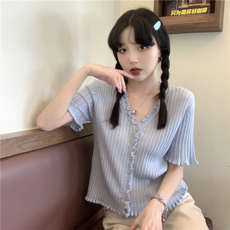 【ZHELIHANGFEI】 Áo Thun Cardigan Dệt Kim Lụa Lạnh Mỏng Tay Ngắn Cổ Chữ v Thời Trang Mùa Hè 2022 Phong Cách Mới Ngọt Ngào Cho Nữ