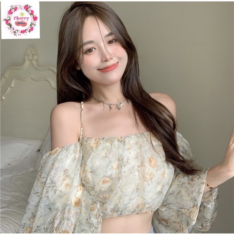 Áo hoa trễ vai tay bồng dáng croptop tiểu thư cực xinh AH03