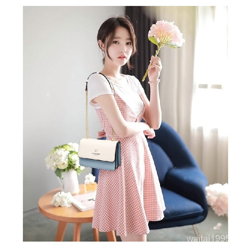 Túi đeo chéo hình vuông cỡ nhỏ phối dây xích nhiều màu thời trang