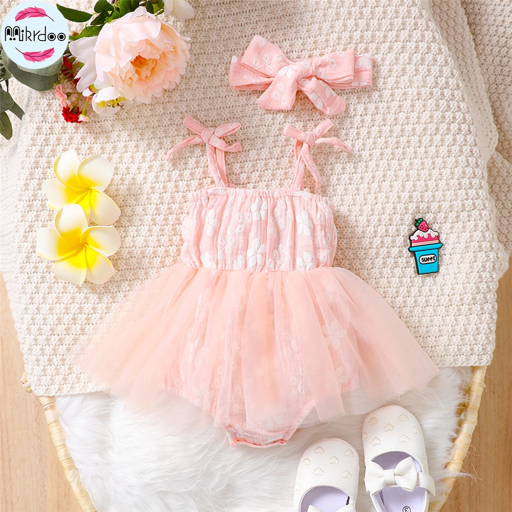 Set đầm Mikrdoo liền thân hai dây phối chân váy tutu kèm băng đô xinh xắn cho bé gái sơ sinh