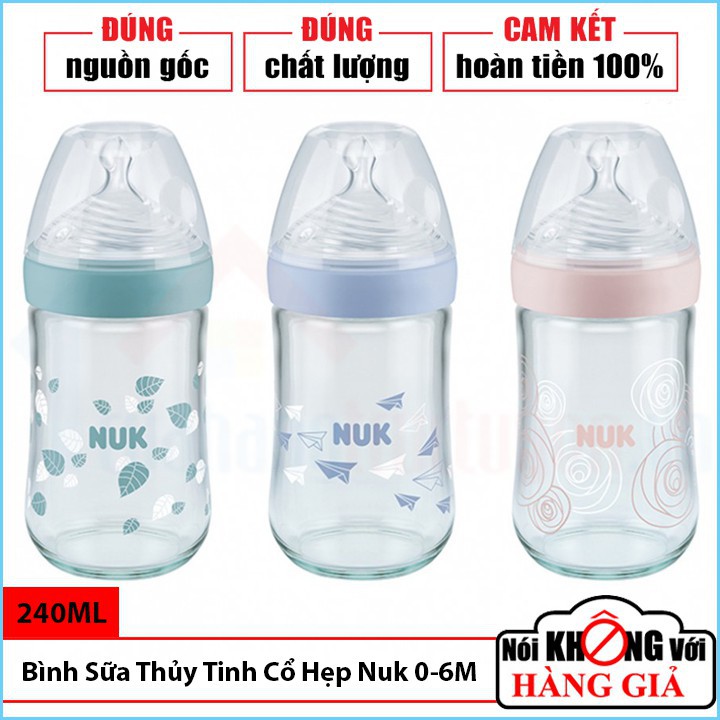 Bình Sữa Cổ Hẹp Thủy Tinh Đa Tia Silicone Dẹt Chỉnh Nha NUK Nature Sense 240Ml Cho Trẻ 0-6 Tháng Tuổi