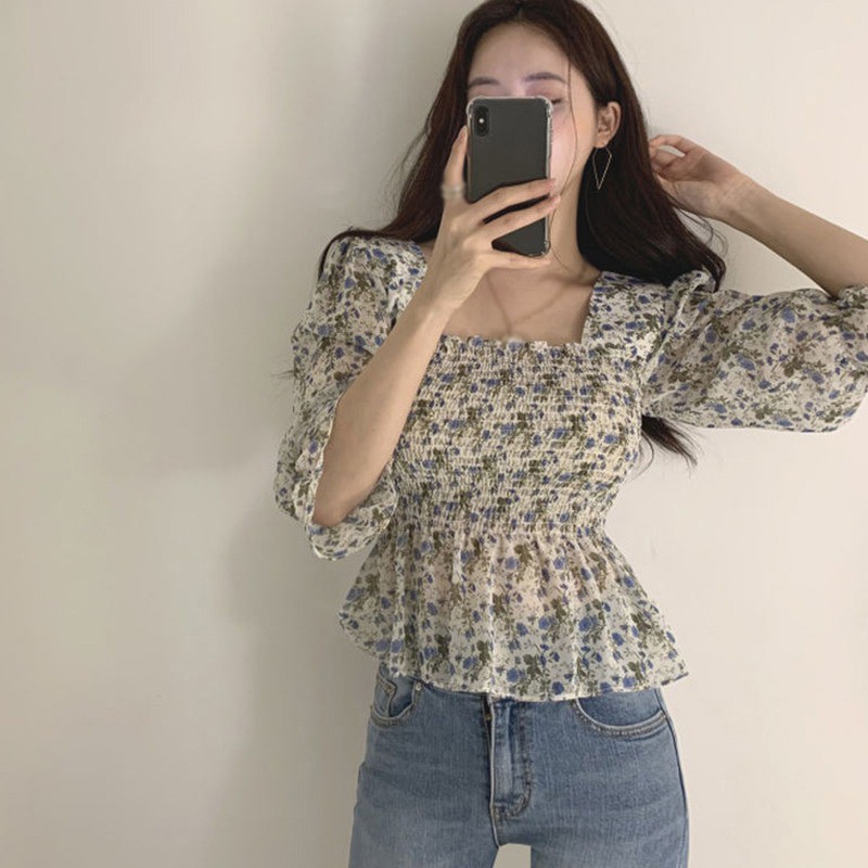 [Baywellfashion]Áo Sơ Mi Ngắn Tay In Hoa Kiểu Retro Pháp Thời Trang Mùa Hè Cho Nữ