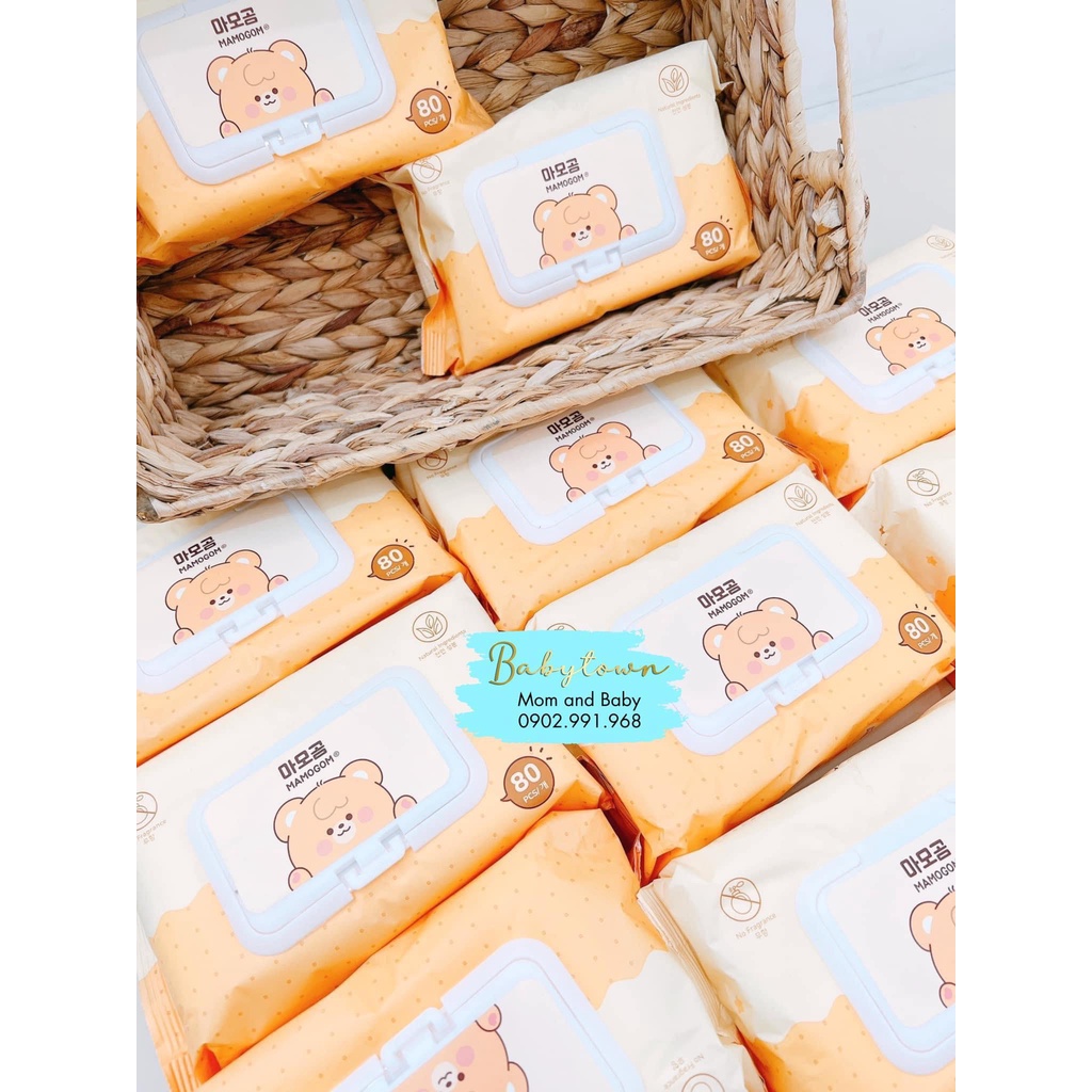 Khăn ướt cao cấp Mamogom Hàn Quốc 100% sợi giấy organic cotton mềm mịn không cồn an toàn cho da bé bịch 80 tờ