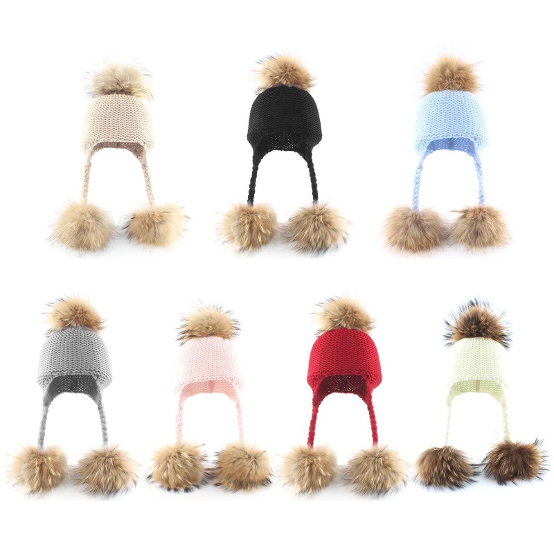 Mũ Beanie Dệt Kim Phối Lông Gấu Mèo 3 Màu Sắc Trơn Giữ Ấm Tai Thời Trang Thu Đông Cho Bé