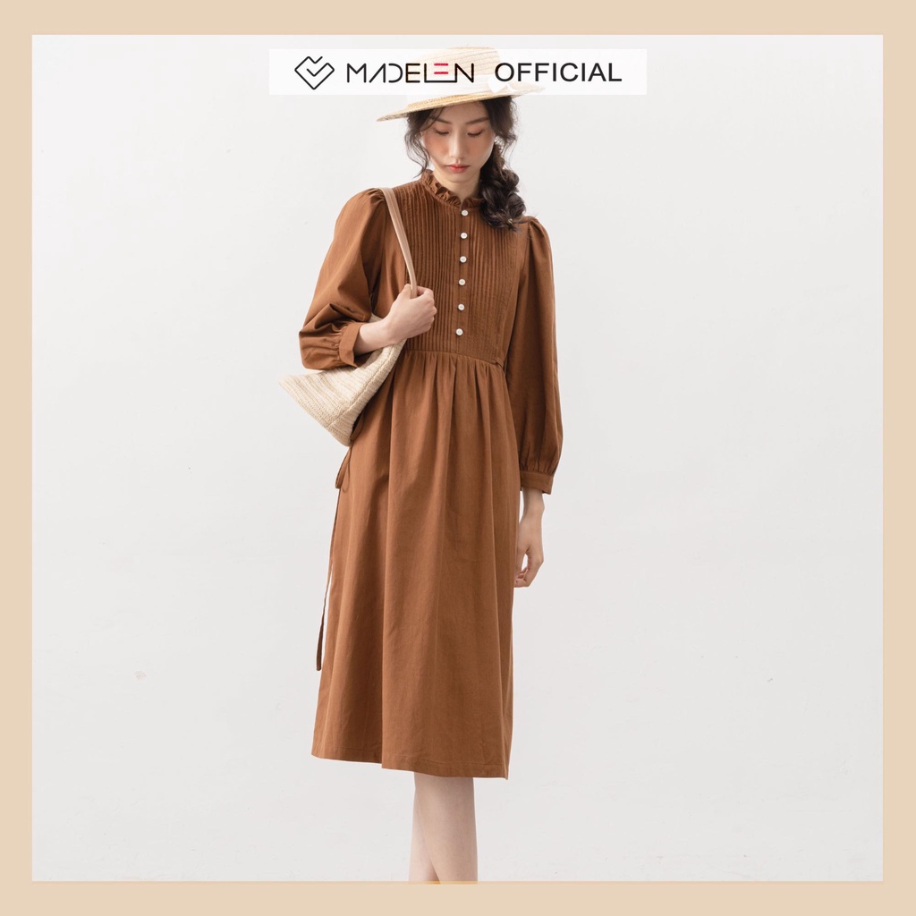 Váy liền dài tay vintage cổ nhún bèo nâu MADELEN