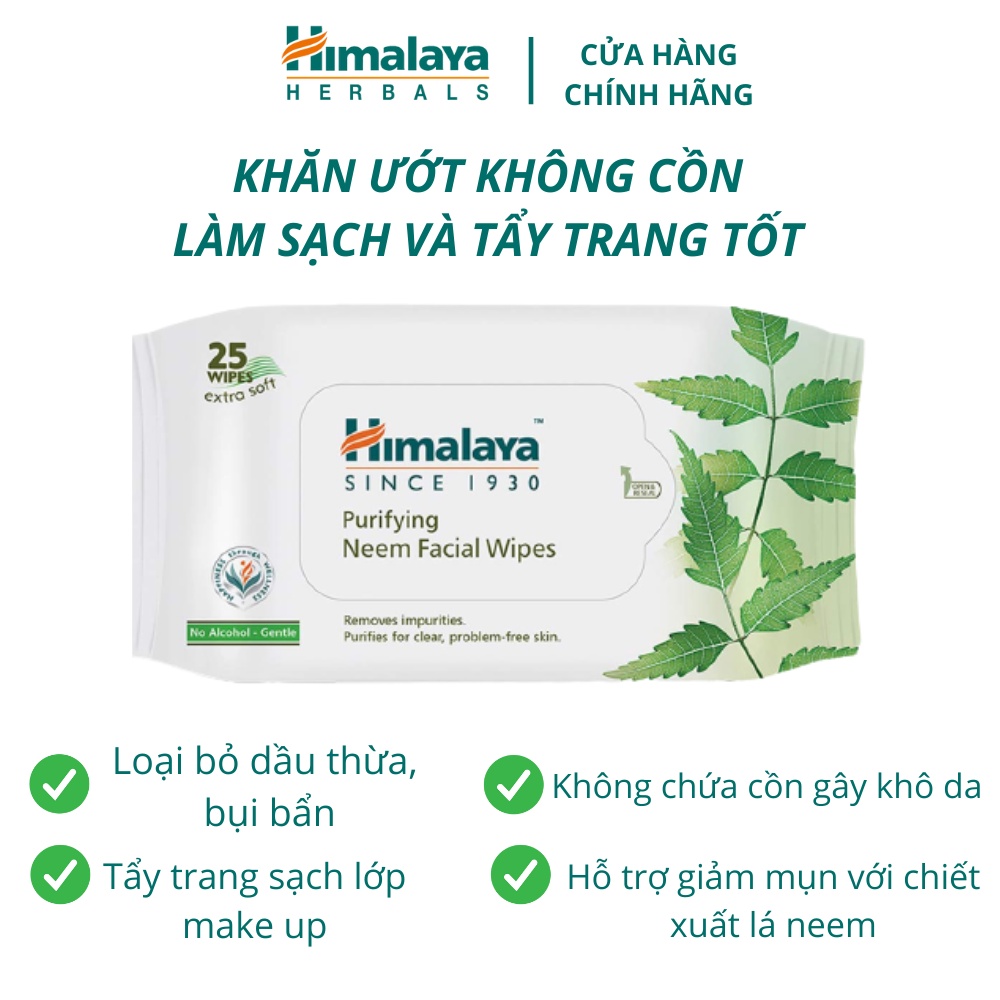 Khăn ướt tẩy trang không chứa cồn chiết xuất lá neem Himalaya Purifying Neem Facial Wipes 25 tờ