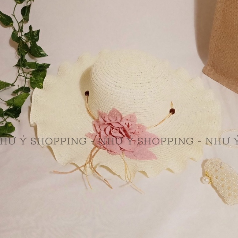 Nón cói,mũ cói nữ đi biển vành nhỏ gợn sóng mix hoa xinh đẹp mùa hè hình thật_gợn sóng nhỏ hoa lazer