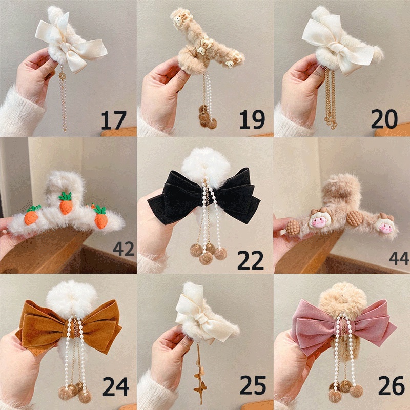 Kẹp Tóc Nơ Bằng Vải Phối Lông Dễ Thương Cỡ Lớn Phong Cách Hàn Quốc