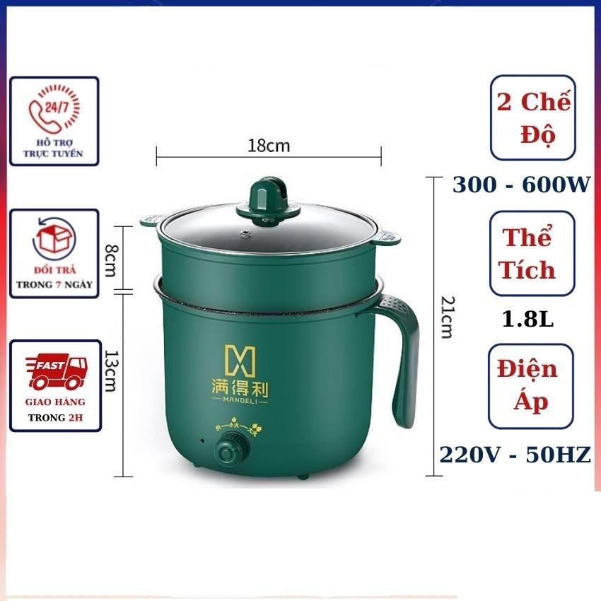 NỒI LẨU ĐIỆN ĐA NĂNG 2 NẤC NHIỆT, Nồi Lẩu Mini, Kèm Giá Hấp 18cm (Nấu cơm, Nấu lẩu, Hấp, Xào) - Gia dụng SmartSun