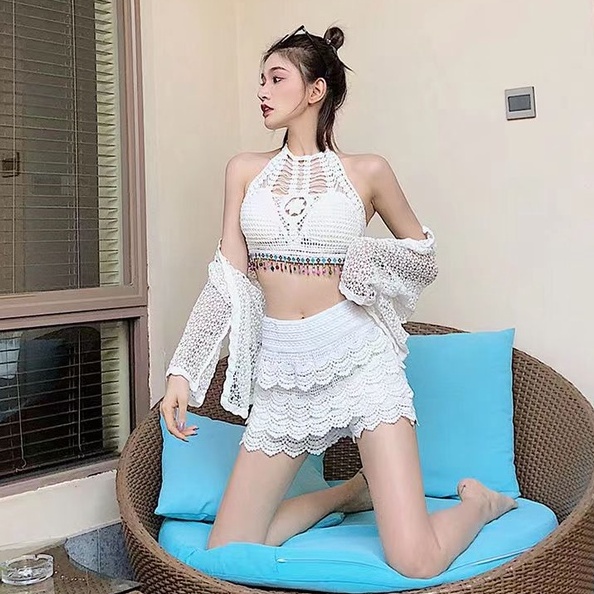 Đồ bơi 3 mảnh bikini đi biển sexy váy bơi nữ len móc cá tính kín đáo