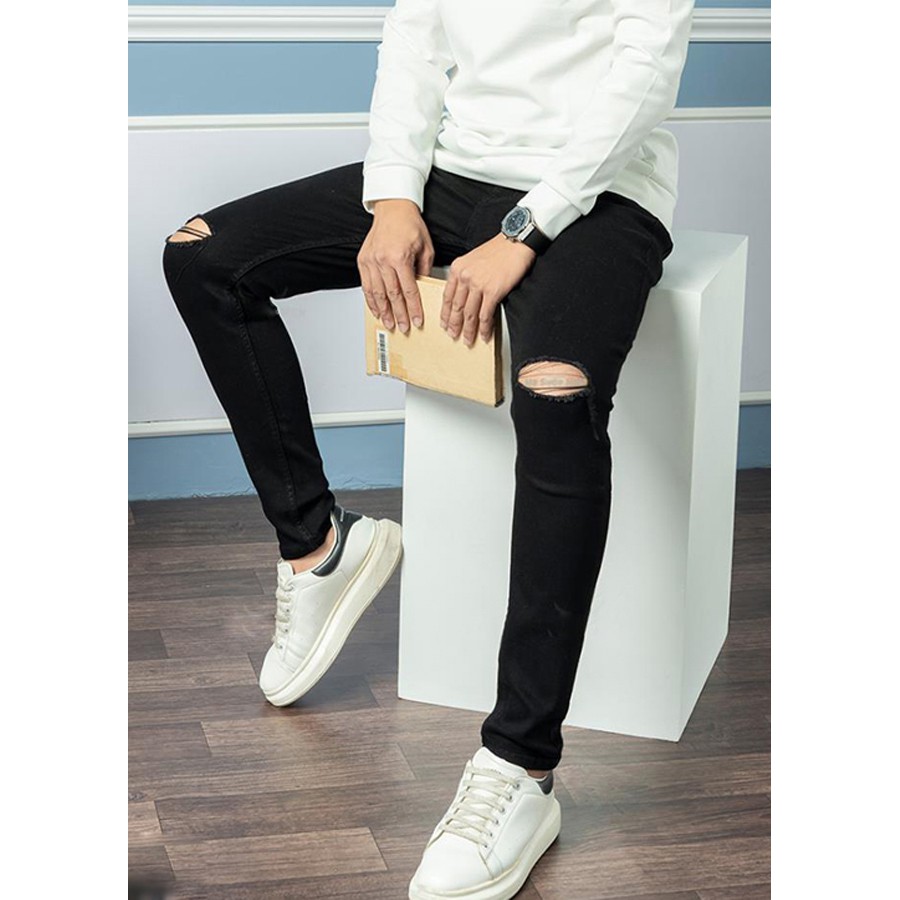 Quần Jeans Nam Đen Dáng Ôm Rách Gối Trẻ Trung | BigBuy360 - bigbuy360.vn