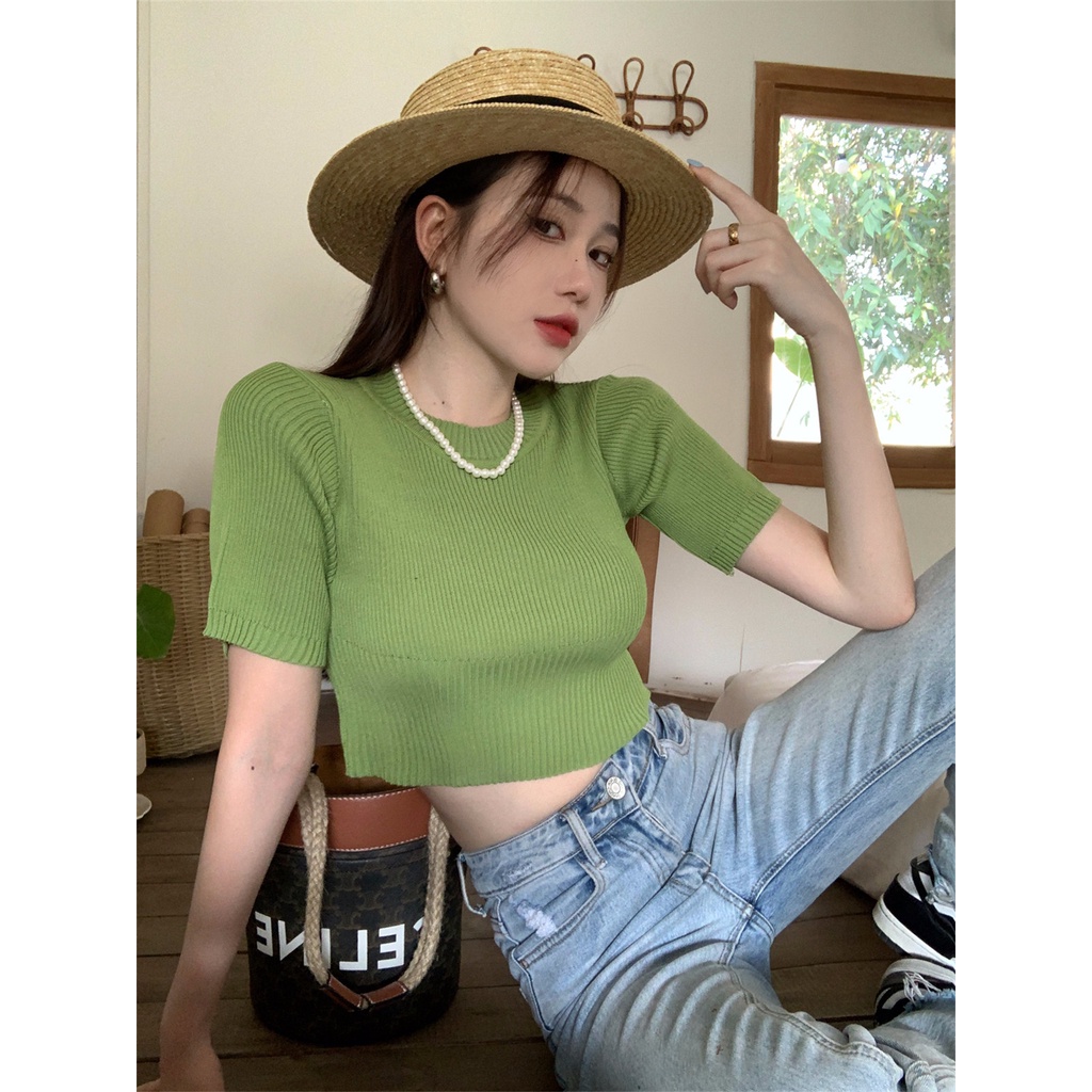 Áo Dệt Kim Tay Ngắn Dáng Ôm Phong Cách Hàn Quốc Thời Trang Cho Nữ