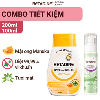 Bộ 1 Sữa tắm Betadine mật ong diệt 99.99% vi khuẩn chai 200ml và 1 Bọt vệ sinh Betadine Xanh chai 100ml