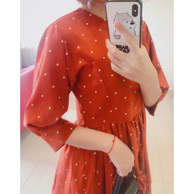 Đầm Xoè Búp Bê Babydoll Tay Lửng Phom Suôn Xinh Đẹp Màu Cam Đất Chấm Bi - Janet Studio - Freesize