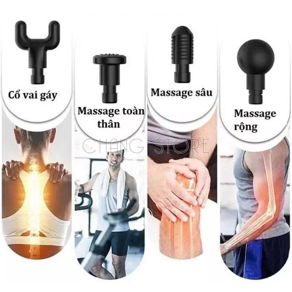 Máy Massage Cầm Tay Fascial Gun, Súng Massage 4 Đầu 6 Chế Độ Fascial Giảm Căng Cơ, Trị Nhức Mỏi Vai Gáy