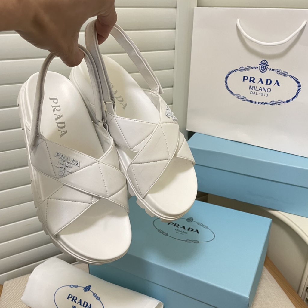 Prada Xăng đan Đế Bệt Quai Chéo Hai Màu Thoáng Khí Thời Trang Mùa Hè Cho Nữ