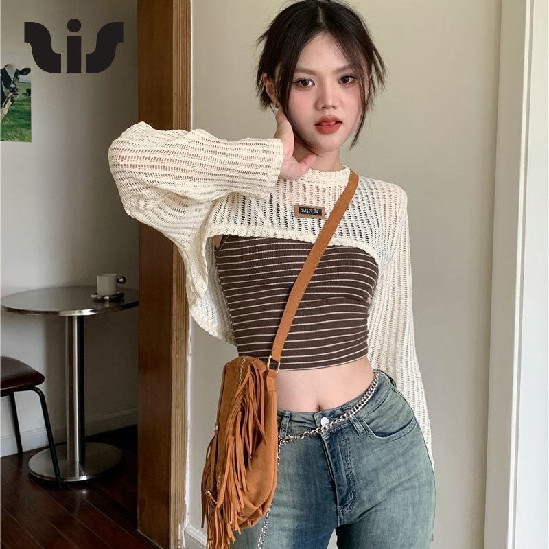 Áo Sơ Mi Dệt Kim Mỏng Tay Dài Chống Nắng Hai Mảnh Gợi Cảm Phong Cách Hàn Quốc Mùa Thu 2022 Cho Bạn Gái