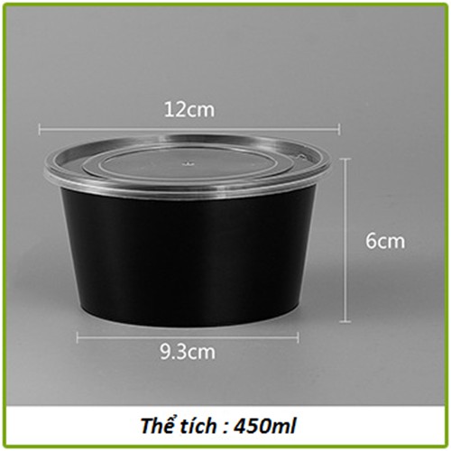 50 hộp nhựa tròn PP màu đen dùng 1 lần đựng thực phẩm 450ml