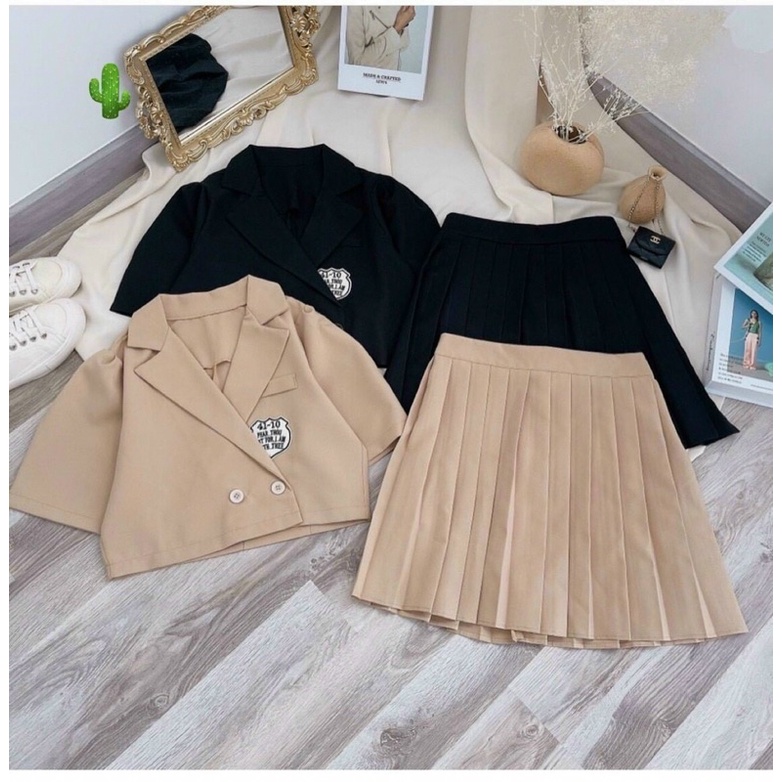 Set áo vét thêu logo + chân váy xếp li (có lót trong)