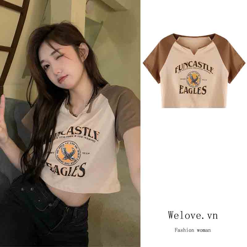 Áo Thun Nữ Ngắn Tay Cổ Tròn Gợi Cảm Phong Cách retro Mỹ