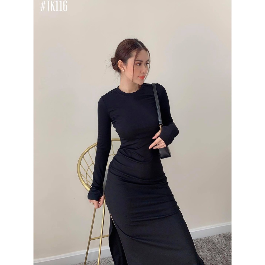 [HÀNG THIẾT KẾ CAO CẤP] Đầm Body Thun Tay Dài Xẻ Tà Năng Động Màu Nude