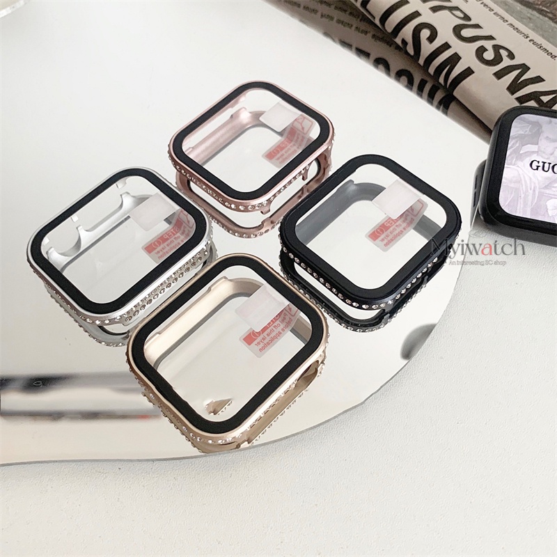 Ốp Điện Thoại Kính Cường Lực Cứng Viền Kim Loại Không Gỉ Đính Đá Cho Apple watch series 7 8 6 SE 5 4 40mm 44mm 41mm 45mm
