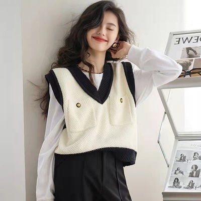 Áo Len Cổ Chữ V Màu Sắc Tương Phản Thời Trang Xuân Thu Cho Nữ