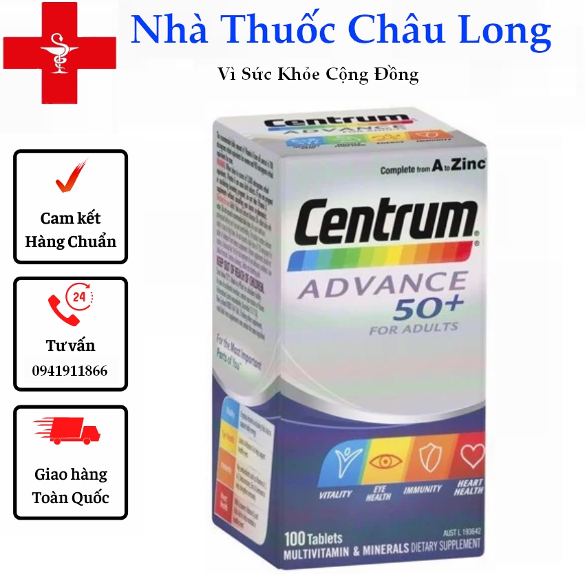 Vitamin tổng hợp Centrum Advance Úc hộp 100 viên cho người lớn,trung niên,người già tuổi 50+ - Tăng đề kháng , miễn dịch