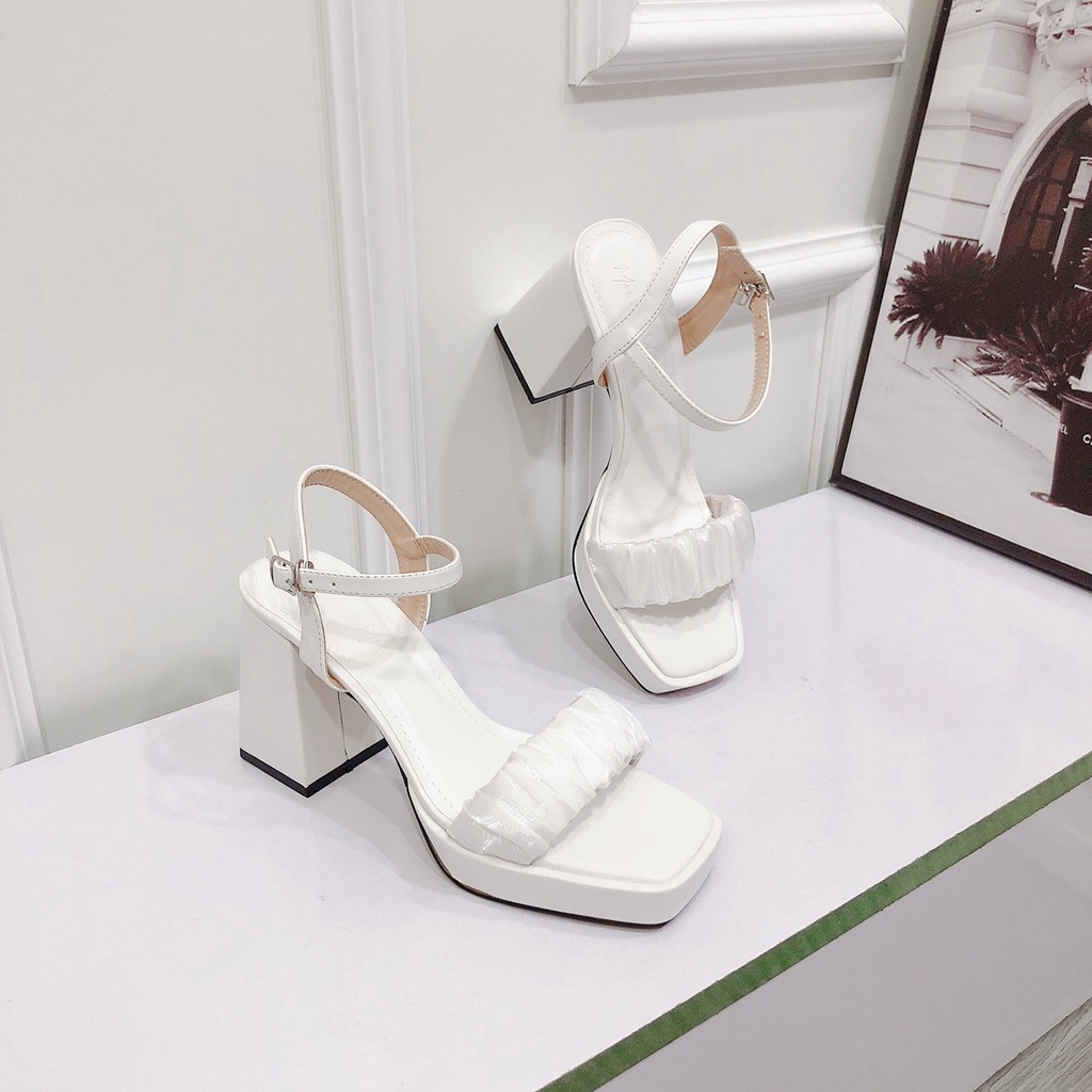 Giày Sandal gót vuông cao 9P quai nhúm phối voan mềm mại form chuẩn đẹp đi chơi đi tiệc siêu xinh