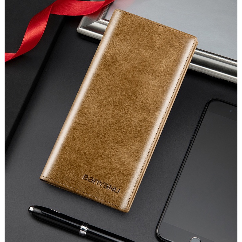 Ví Nam Da Bò Dài Cầm Tay Siêu Mỏng Gọn Bền Đẹp Nhiều Ngăn Tiện Lợi Công Nghệ RFID Blocking Chống Trộm Có Dây Kéo An Toàn