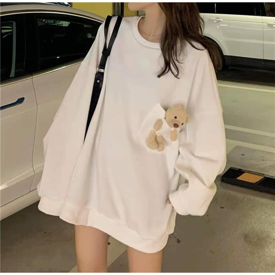 Áo Thun Da Cá TEDDY BEAR dài tay Nữ [FREESHIP] Phông form rộng bigsize phối túi, gấu be rời màu ĐEN |TRẮNG | TÍM HOT