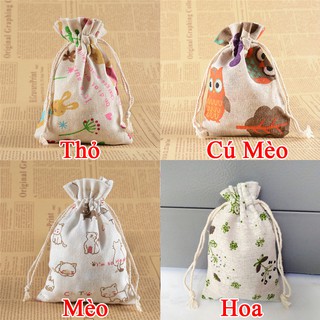 Túi vải bố linen họa tiết vintage size nhỏ có dây rút đựng hoa khô, cà phê, phụ kiện, trang sức, trang trí nhà cửa