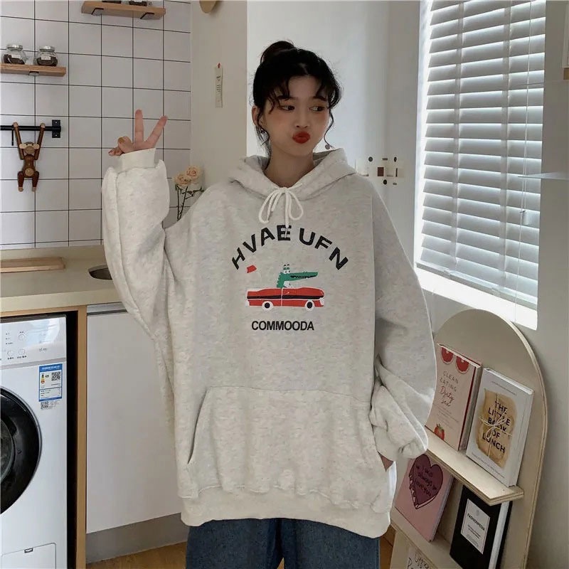 Áo Hoodie Tay Dài Dáng Rộng In Họa Tiết Đơn Giản Thời Trang Phong Cách Hàn Quốc Cho Nữ