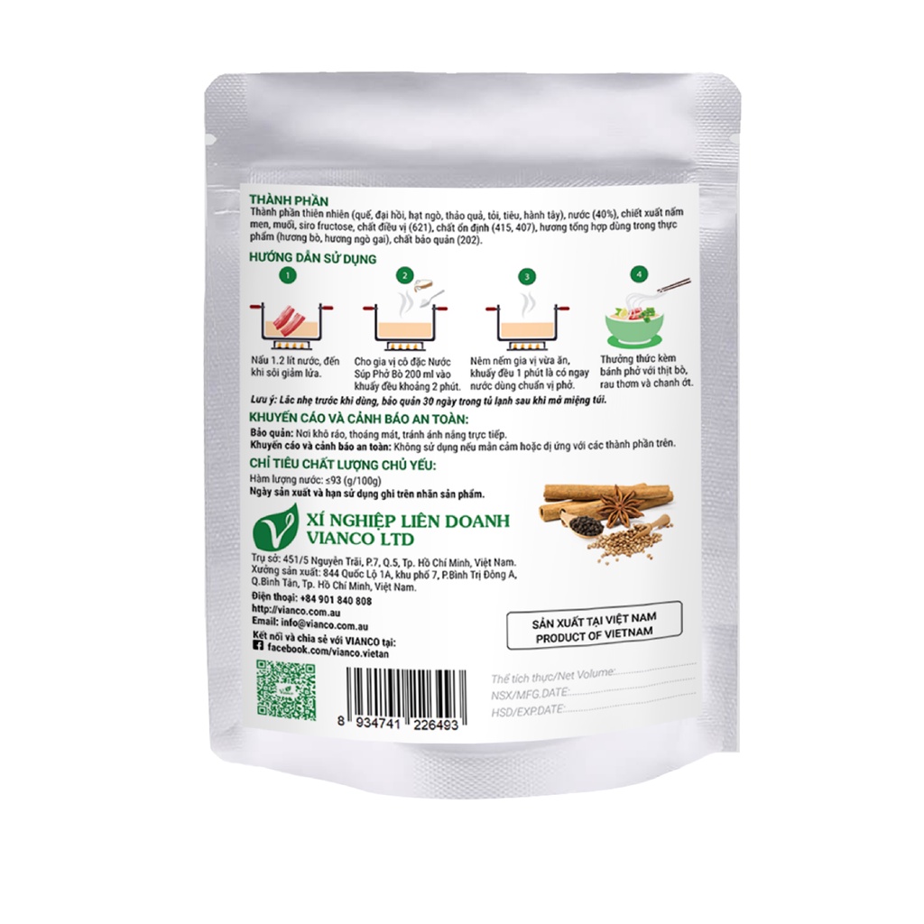 Gia Vị Chuẩn Súp Phở Bò Túi Zip Vianco Foods - Việt Ấn 200ml Tiện Lợi Dễ Sử Dụng