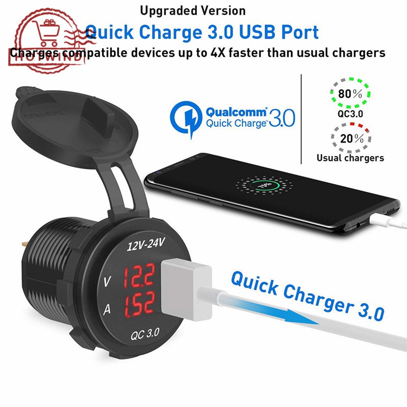 HW Củ sạc QC USB 3.0 kèm chức năng vôn kế chất lượng cao cao cho xe máy và ô tô