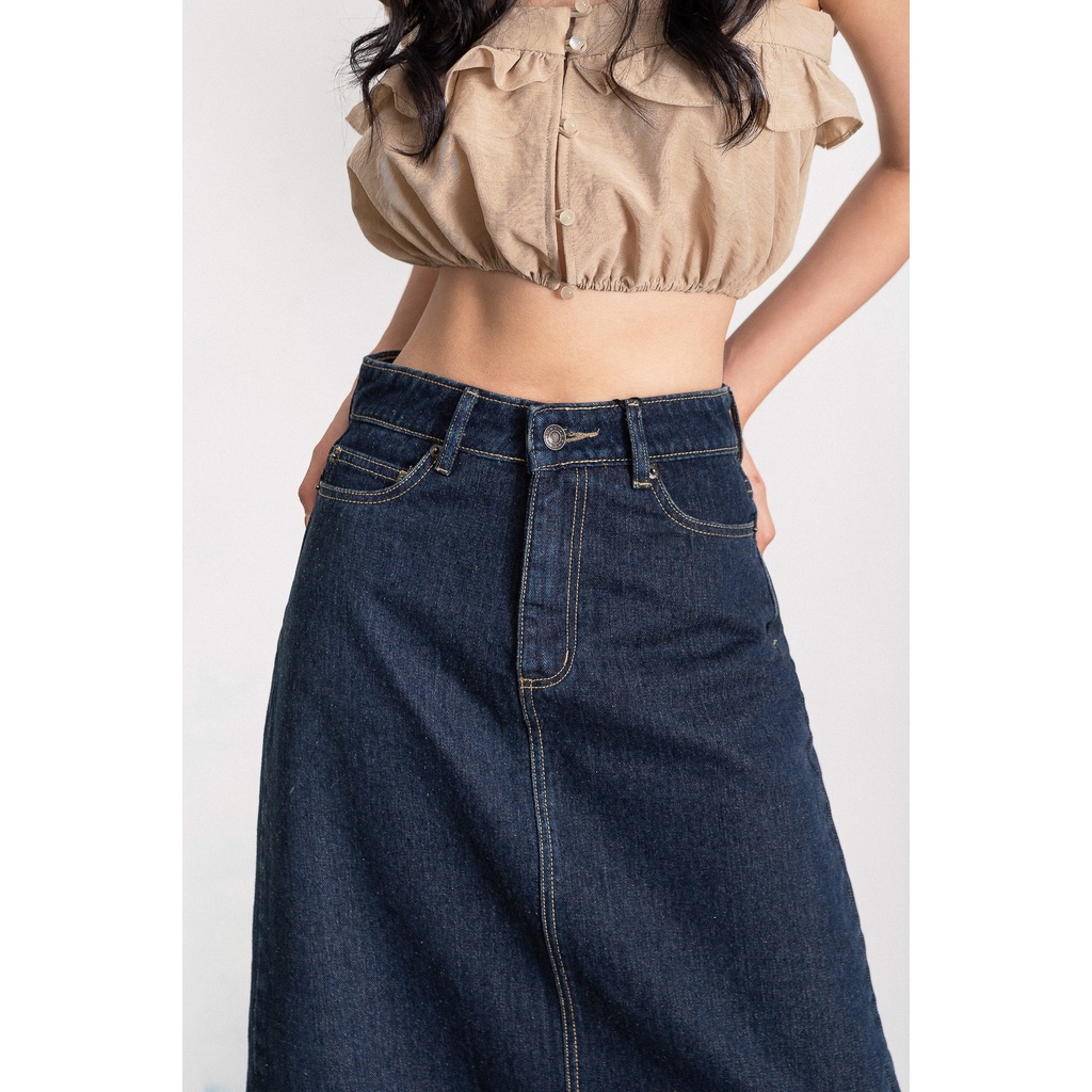 LIBÉ - Chân váy denim màu xanh đen dài qua gối xẻ lai thân sau