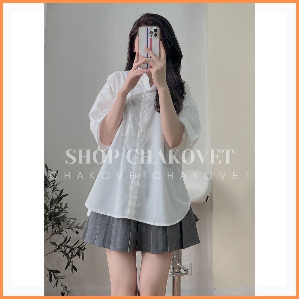 Áo kiểu nữ cộc tay babydoll form rộng A8211 xẻ tà bánh bèo túi ngực ulzzang hàn quốc màu xanh trắng cao cấp - CHAKOVET | BigBuy360 - bigbuy360.vn