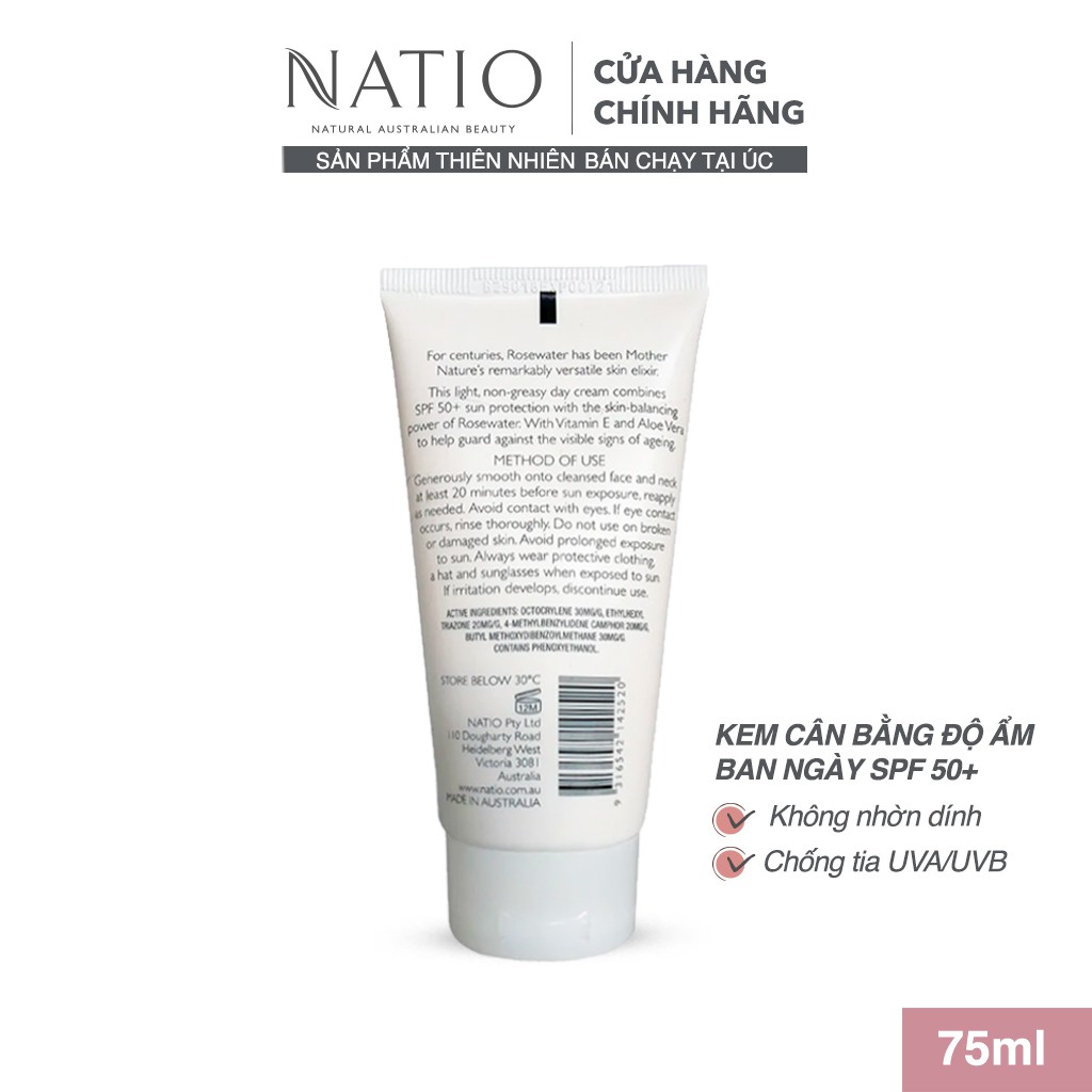 Kem Cân Bằng Độ Ẩm Da Ban Ngày Natio Rosewater Hydration Moisture Balance Day Cream SPF 50+ 75ml