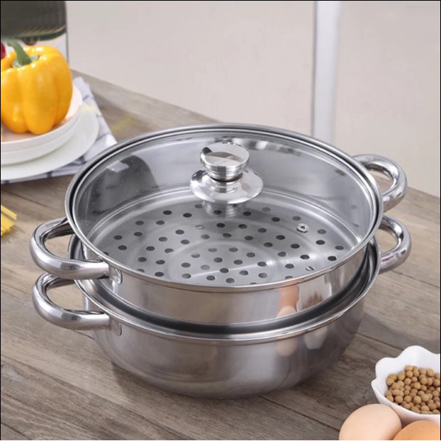 Nồi lẩu kiêm nồi hấp bánh bao xôi 3 tầng inox nắp thủy tinh dùng cho mọi loại bếp