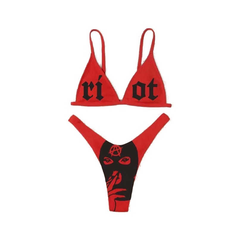 Bộ Bikini 2 Mảnh Cổ Chữ V Sâu In Họa Tiết Chữ Vui Nhộn Có Thể Tháo Rời Cho Nữ