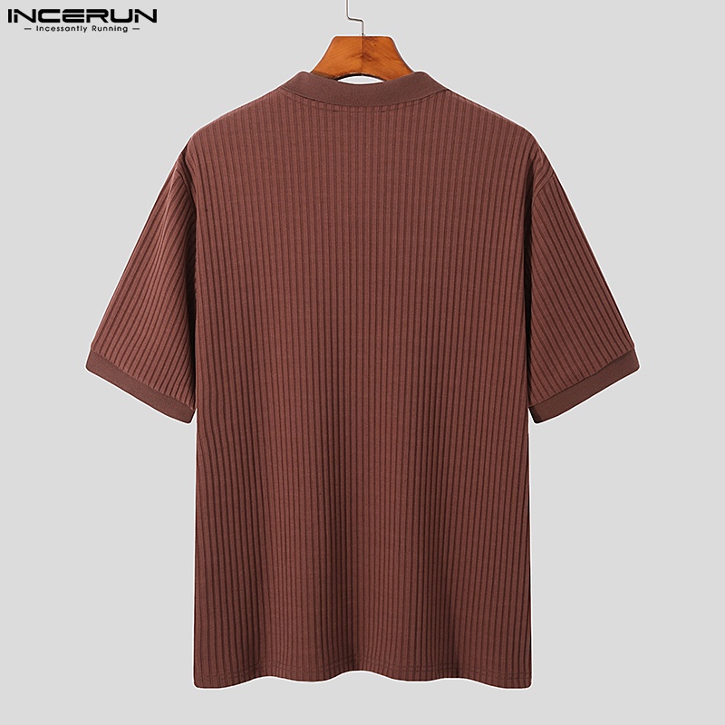 Áo thun polo INCERUN vải dệt kim ngắn tay họa tiết kẻ sọc thời trang mùa hè cho nam
