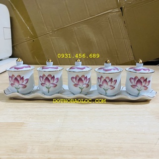 Chum nước thờ có nắp bạch ngọc sứ hoa sen tím nổi 2 loại: bộ 5 ly