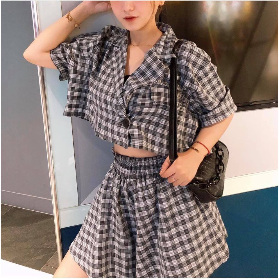 SET VÁY ÁO CARO 2 MÀU ĐEN NÂU - REPLI SET