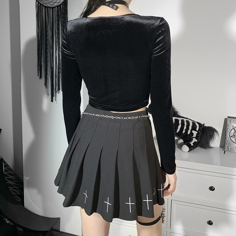Áo thun croptop tay dài cổ chữ V khoét sâu bằng vải nhung phối ren phong cách gothic Harajuku quyến rũ cho nữ 10MK