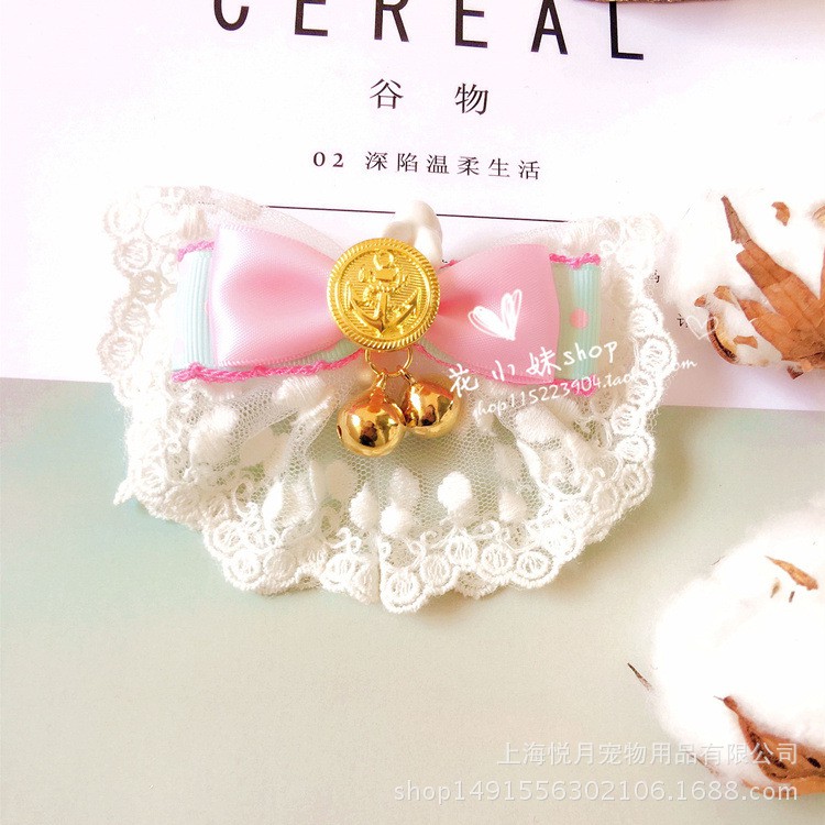 Vòng đeo cổ chó mèo nơ hồng ren có gắn chuông cho thú cưng