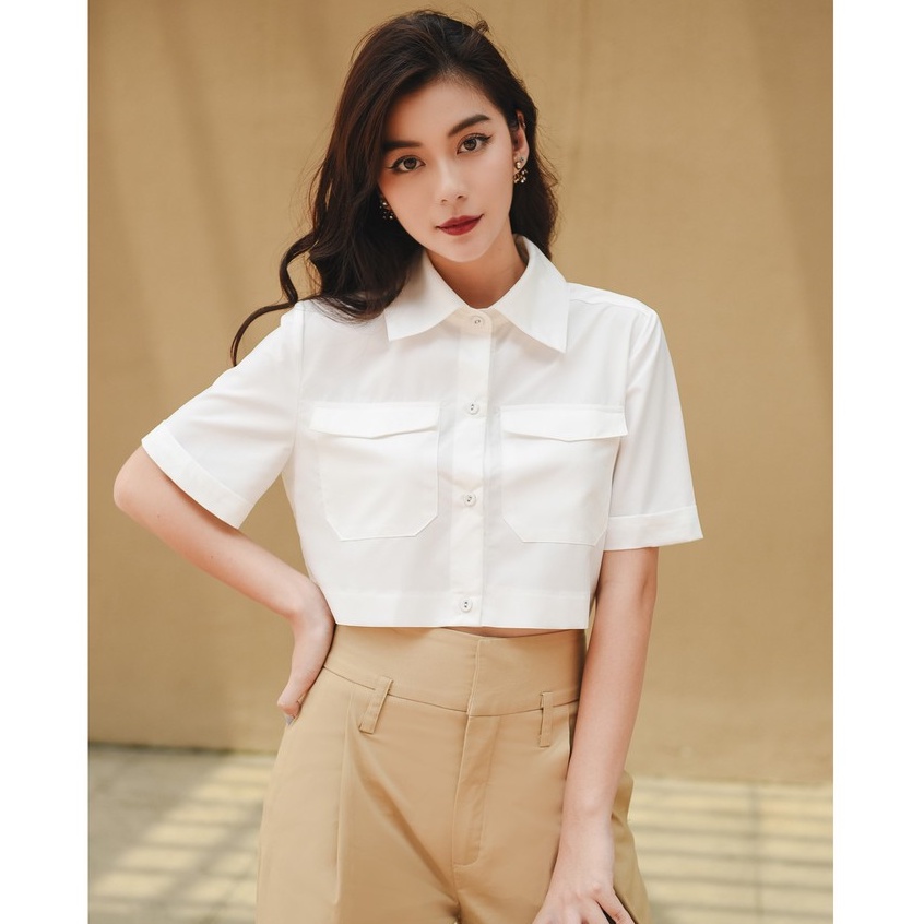 Áo sơ mi cotton lụa nữ HUONGBOUTIQUE croptop cotton mát, form suông, trẻ trung - HBSM756