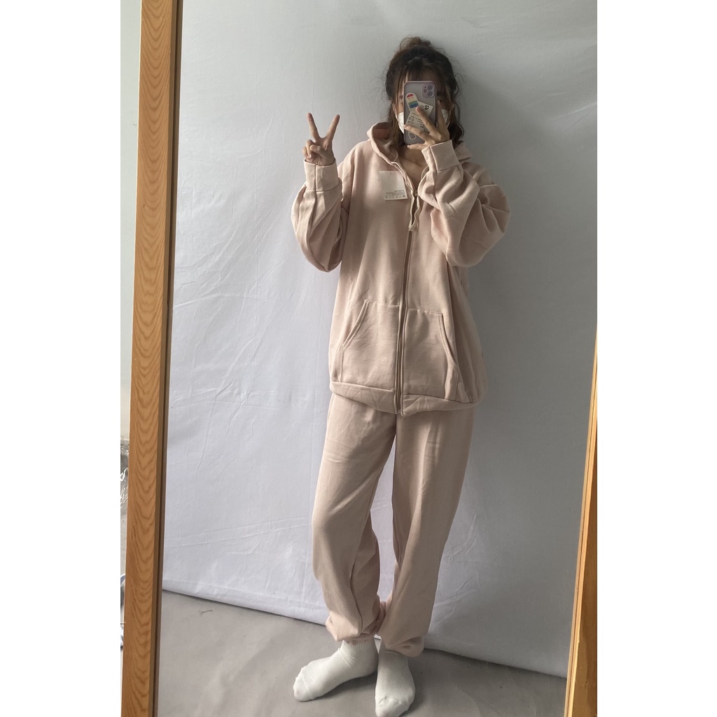Set Bộ Nỉ Áo Khoác Quần Dài Set Bộ Nỉ Ngoại Tay Phồng Form Rộng Phong Cách Ulzzang Basic [Ảnh Thật]