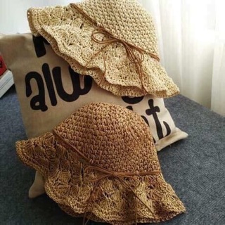 Mũ cói đan mềm nơ mảnh