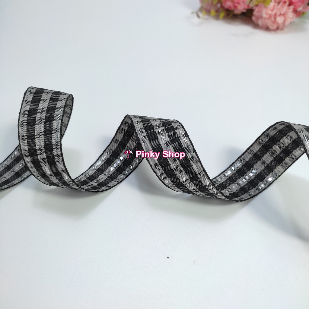 Ruy băng vải caro kẻ sọc kim tuyến lấp lánh cao cấp 2.5cm cuộn màu xanh hồng vàng, đen trang trí handmade Pinky Shop