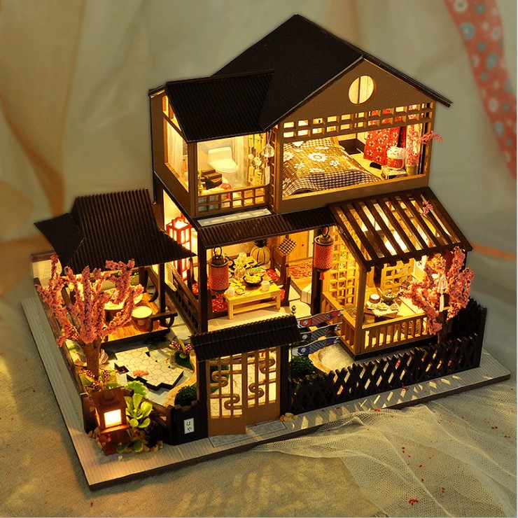 Mô hình nhà DIY Doll House A Day Of Okayama Kèm Mica Chống bụi, Bộ dụng cụ, Keo dán và Bộ phát nhạc